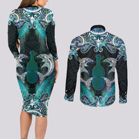 New Zealand Kotiate Weapon Couples Matching Long Sleeve Bodycon Dress and Long Sleeve Button Shirt Aotearoa Mango Paua Shell Maori Pattern