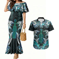 New Zealand Kotiate Weapon Couples Matching Mermaid Dress and Hawaiian Shirt Aotearoa Mango Paua Shell Maori Pattern LT22 Blue - Polynesian Pride