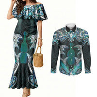 New Zealand Kotiate Weapon Couples Matching Mermaid Dress and Long Sleeve Button Shirt Aotearoa Mango Paua Shell Maori Pattern LT22 Blue - Polynesian Pride