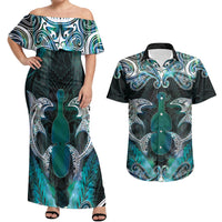 New Zealand Kotiate Weapon Couples Matching Off Shoulder Maxi Dress and Hawaiian Shirt Aotearoa Mango Paua Shell Maori Pattern LT22 Blue - Polynesian Pride