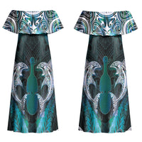New Zealand Kotiate Weapon Couples Matching Off Shoulder Maxi Dress and Hawaiian Shirt Aotearoa Mango Paua Shell Maori Pattern LT22 - Polynesian Pride