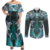 New Zealand Kotiate Weapon Couples Matching Off Shoulder Maxi Dress and Long Sleeve Button Shirt Aotearoa Mango Paua Shell Maori Pattern LT22 Blue - Polynesian Pride