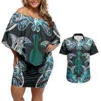 New Zealand Kotiate Weapon Couples Matching Off Shoulder Short Dress and Hawaiian Shirt Aotearoa Mango Paua Shell Maori Pattern LT22 Blue - Polynesian Pride