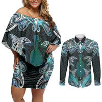 New Zealand Kotiate Weapon Couples Matching Off Shoulder Short Dress and Long Sleeve Button Shirt Aotearoa Mango Paua Shell Maori Pattern LT22 Blue - Polynesian Pride