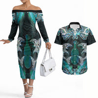 New Zealand Kotiate Weapon Couples Matching Off The Shoulder Long Sleeve Dress and Hawaiian Shirt Aotearoa Mango Paua Shell Maori Pattern LT22 Blue - Polynesian Pride