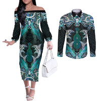 New Zealand Kotiate Weapon Couples Matching Off The Shoulder Long Sleeve Dress and Long Sleeve Button Shirt Aotearoa Mango Paua Shell Maori Pattern