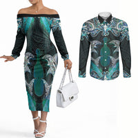 New Zealand Kotiate Weapon Couples Matching Off The Shoulder Long Sleeve Dress and Long Sleeve Button Shirt Aotearoa Mango Paua Shell Maori Pattern LT22 Blue - Polynesian Pride