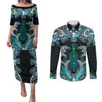 New Zealand Kotiate Weapon Couples Matching Puletasi and Long Sleeve Button Shirt Aotearoa Mango Paua Shell Maori Pattern