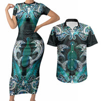 New Zealand Kotiate Weapon Couples Matching Short Sleeve Bodycon Dress and Hawaiian Shirt Aotearoa Mango Paua Shell Maori Pattern LT22 Blue - Polynesian Pride