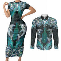 New Zealand Kotiate Weapon Couples Matching Short Sleeve Bodycon Dress and Long Sleeve Button Shirt Aotearoa Mango Paua Shell Maori Pattern LT22 Blue - Polynesian Pride