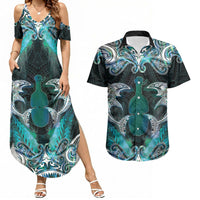 New Zealand Kotiate Weapon Couples Matching Summer Maxi Dress and Hawaiian Shirt Aotearoa Mango Paua Shell Maori Pattern LT22 Blue - Polynesian Pride