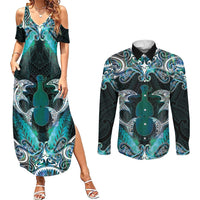 New Zealand Kotiate Weapon Couples Matching Summer Maxi Dress and Long Sleeve Button Shirt Aotearoa Mango Paua Shell Maori Pattern
