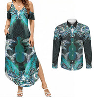 New Zealand Kotiate Weapon Couples Matching Summer Maxi Dress and Long Sleeve Button Shirt Aotearoa Mango Paua Shell Maori Pattern LT22 Blue - Polynesian Pride