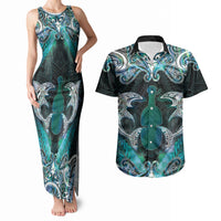 New Zealand Kotiate Weapon Couples Matching Tank Maxi Dress and Hawaiian Shirt Aotearoa Mango Paua Shell Maori Pattern LT22 Blue - Polynesian Pride