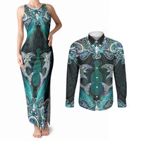 New Zealand Kotiate Weapon Couples Matching Tank Maxi Dress and Long Sleeve Button Shirt Aotearoa Mango Paua Shell Maori Pattern LT22 Blue - Polynesian Pride