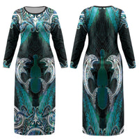 New Zealand Kotiate Weapon Family Matching Long Sleeve Bodycon Dress and Hawaiian Shirt Aotearoa Mango Paua Shell Maori Pattern LT22 Mom's Dress Blue - Polynesian Pride