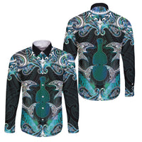 New Zealand Kotiate Weapon Family Matching Long Sleeve Bodycon Dress and Hawaiian Shirt Aotearoa Mango Paua Shell Maori Pattern LT22 Dad's Shirt - Long Sleeve Blue - Polynesian Pride