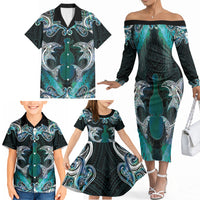 New Zealand Kotiate Weapon Family Matching Off The Shoulder Long Sleeve Dress and Hawaiian Shirt Aotearoa Mango Paua Shell Maori Pattern LT22 - Polynesian Pride