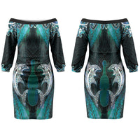 New Zealand Kotiate Weapon Family Matching Off The Shoulder Long Sleeve Dress and Hawaiian Shirt Aotearoa Mango Paua Shell Maori Pattern LT22 Mom's Dress Blue - Polynesian Pride