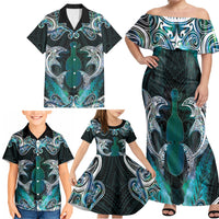 New Zealand Kotiate Weapon Family Matching Off Shoulder Maxi Dress and Hawaiian Shirt Aotearoa Mango Paua Shell Maori Pattern LT22 - Polynesian Pride