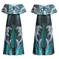 New Zealand Kotiate Weapon Family Matching Off Shoulder Maxi Dress and Hawaiian Shirt Aotearoa Mango Paua Shell Maori Pattern LT22 Mom's Dress Blue - Polynesian Pride