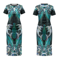 New Zealand Kotiate Weapon Family Matching Short Sleeve Bodycon Dress and Hawaiian Shirt Aotearoa Mango Paua Shell Maori Pattern LT22 Mom's Dress Blue - Polynesian Pride