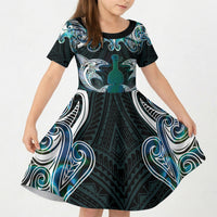 New Zealand Kotiate Weapon Kid Short Sleeve Dress Aotearoa Mango Paua Shell Maori Pattern LT22 KID Blue - Polynesian Pride