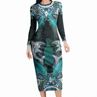 New Zealand Kotiate Weapon Long Sleeve Bodycon Dress Aotearoa Mango Paua Shell Maori Pattern LT22 Long Dress Blue - Polynesian Pride