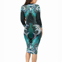 New Zealand Kotiate Weapon Long Sleeve Bodycon Dress Aotearoa Mango Paua Shell Maori Pattern LT22 - Polynesian Pride