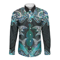 New Zealand Kotiate Weapon Long Sleeve Button Shirt Aotearoa Mango Paua Shell Maori Pattern LT22 Unisex Blue - Polynesian Pride