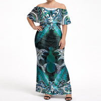 New Zealand Kotiate Weapon Off Shoulder Maxi Dress Aotearoa Mango Paua Shell Maori Pattern LT22 Women Blue - Polynesian Pride