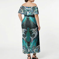 New Zealand Kotiate Weapon Off Shoulder Maxi Dress Aotearoa Mango Paua Shell Maori Pattern LT22 - Polynesian Pride