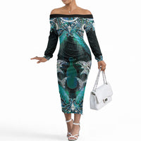 New Zealand Kotiate Weapon Off The Shoulder Long Sleeve Dress Aotearoa Mango Paua Shell Maori Pattern LT22 Women Blue - Polynesian Pride