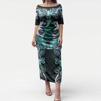 New Zealand Kotiate Weapon Puletasi Aotearoa Mango Paua Shell Maori Pattern LT22 Long Dress Blue - Polynesian Pride