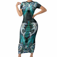 New Zealand Kotiate Weapon Short Sleeve Bodycon Dress Aotearoa Mango Paua Shell Maori Pattern LT22 Long Dress Blue - Polynesian Pride