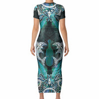 New Zealand Kotiate Weapon Short Sleeve Bodycon Dress Aotearoa Mango Paua Shell Maori Pattern LT22 - Polynesian Pride