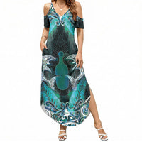 New Zealand Kotiate Weapon Summer Maxi Dress Aotearoa Mango Paua Shell Maori Pattern LT22 Women Blue - Polynesian Pride