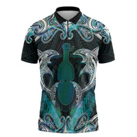 New Zealand Kotiate Weapon Zipper Polo Shirt Aotearoa Mango Paua Shell Maori Pattern LT22 Blue - Polynesian Pride