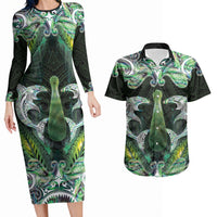 New Zealand Mere Pounamu Weapon Couples Matching Long Sleeve Bodycon Dress and Hawaiian Shirt Aotearoa Mango Paua Shell Maori Pattern LT22 Green - Polynesian Pride