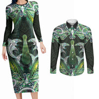 New Zealand Mere Pounamu Weapon Couples Matching Long Sleeve Bodycon Dress and Long Sleeve Button Shirt Aotearoa Mango Paua Shell Maori Pattern LT22 Green - Polynesian Pride