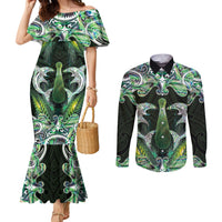 New Zealand Mere Pounamu Weapon Couples Matching Mermaid Dress and Long Sleeve Button Shirt Aotearoa Mango Paua Shell Maori Pattern