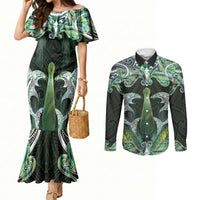 New Zealand Mere Pounamu Weapon Couples Matching Mermaid Dress and Long Sleeve Button Shirt Aotearoa Mango Paua Shell Maori Pattern LT22 Green - Polynesian Pride