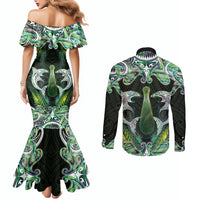 New Zealand Mere Pounamu Weapon Couples Matching Mermaid Dress and Long Sleeve Button Shirt Aotearoa Mango Paua Shell Maori Pattern