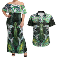 New Zealand Mere Pounamu Weapon Couples Matching Off Shoulder Maxi Dress and Hawaiian Shirt Aotearoa Mango Paua Shell Maori Pattern LT22 Green - Polynesian Pride