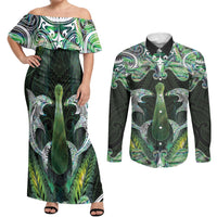 New Zealand Mere Pounamu Weapon Couples Matching Off Shoulder Maxi Dress and Long Sleeve Button Shirt Aotearoa Mango Paua Shell Maori Pattern LT22 Green - Polynesian Pride