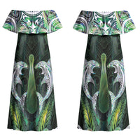New Zealand Mere Pounamu Weapon Couples Matching Off Shoulder Maxi Dress and Long Sleeve Button Shirt Aotearoa Mango Paua Shell Maori Pattern LT22 - Polynesian Pride