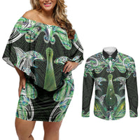 New Zealand Mere Pounamu Weapon Couples Matching Off Shoulder Short Dress and Long Sleeve Button Shirt Aotearoa Mango Paua Shell Maori Pattern LT22 Green - Polynesian Pride