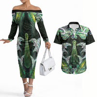 New Zealand Mere Pounamu Weapon Couples Matching Off The Shoulder Long Sleeve Dress and Hawaiian Shirt Aotearoa Mango Paua Shell Maori Pattern LT22 Green - Polynesian Pride