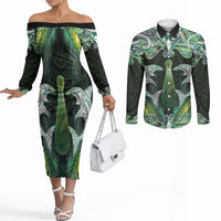 New Zealand Mere Pounamu Weapon Couples Matching Off The Shoulder Long Sleeve Dress and Long Sleeve Button Shirt Aotearoa Mango Paua Shell Maori Pattern LT22 Green - Polynesian Pride