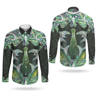 New Zealand Mere Pounamu Weapon Couples Matching Off The Shoulder Long Sleeve Dress and Long Sleeve Button Shirt Aotearoa Mango Paua Shell Maori Pattern LT22 - Polynesian Pride